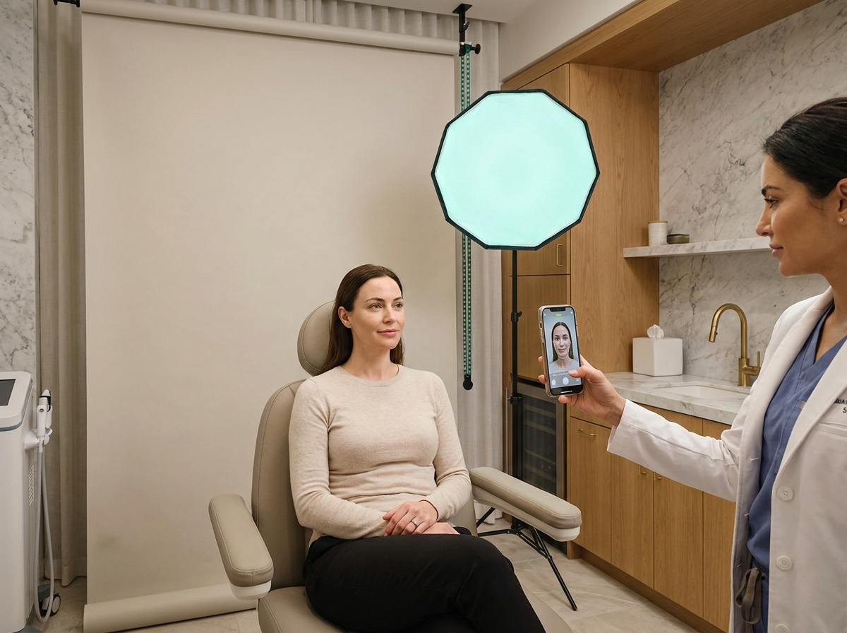 Clinical photography studio in luxury MedSpa with AR alignment guide on smartphone and ring light