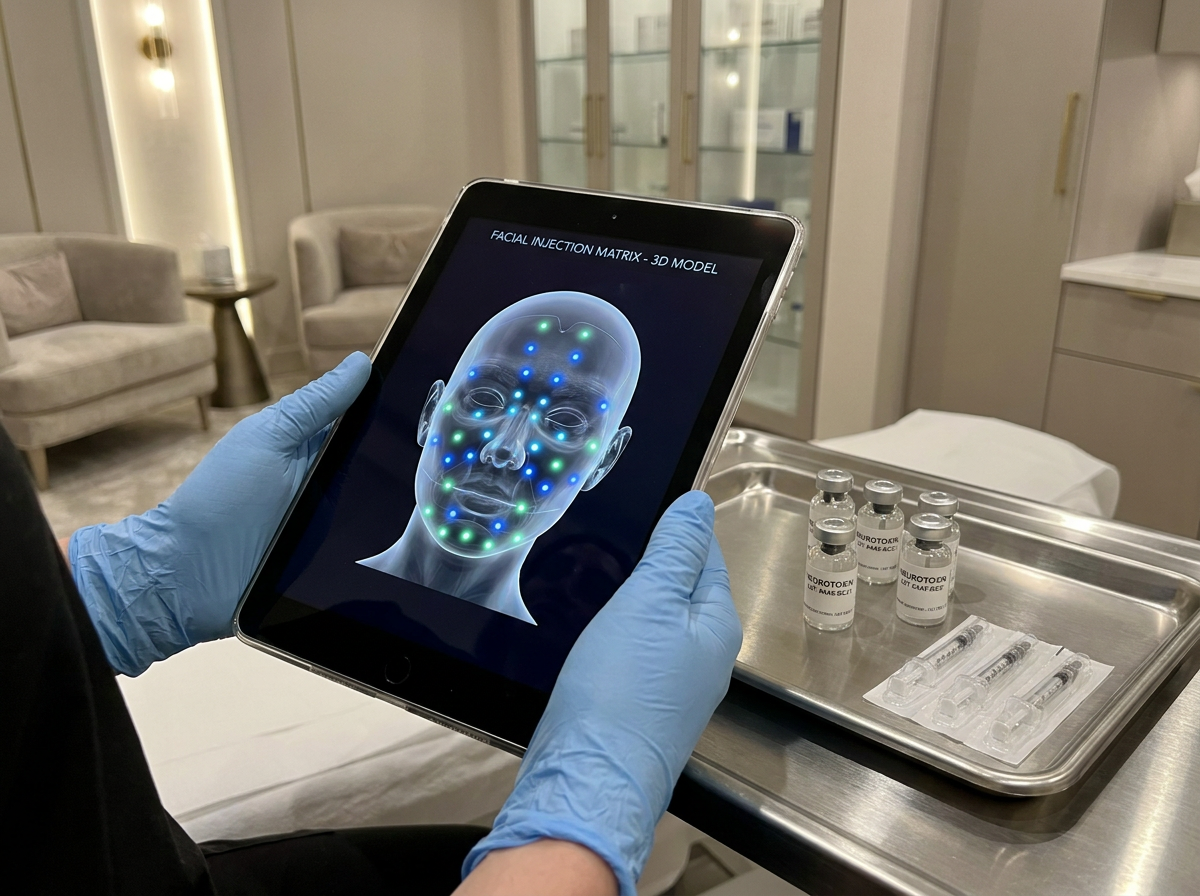 Clinician using iPad with 3D facial injection matrix alongside sterile Botox vials on clinical tray