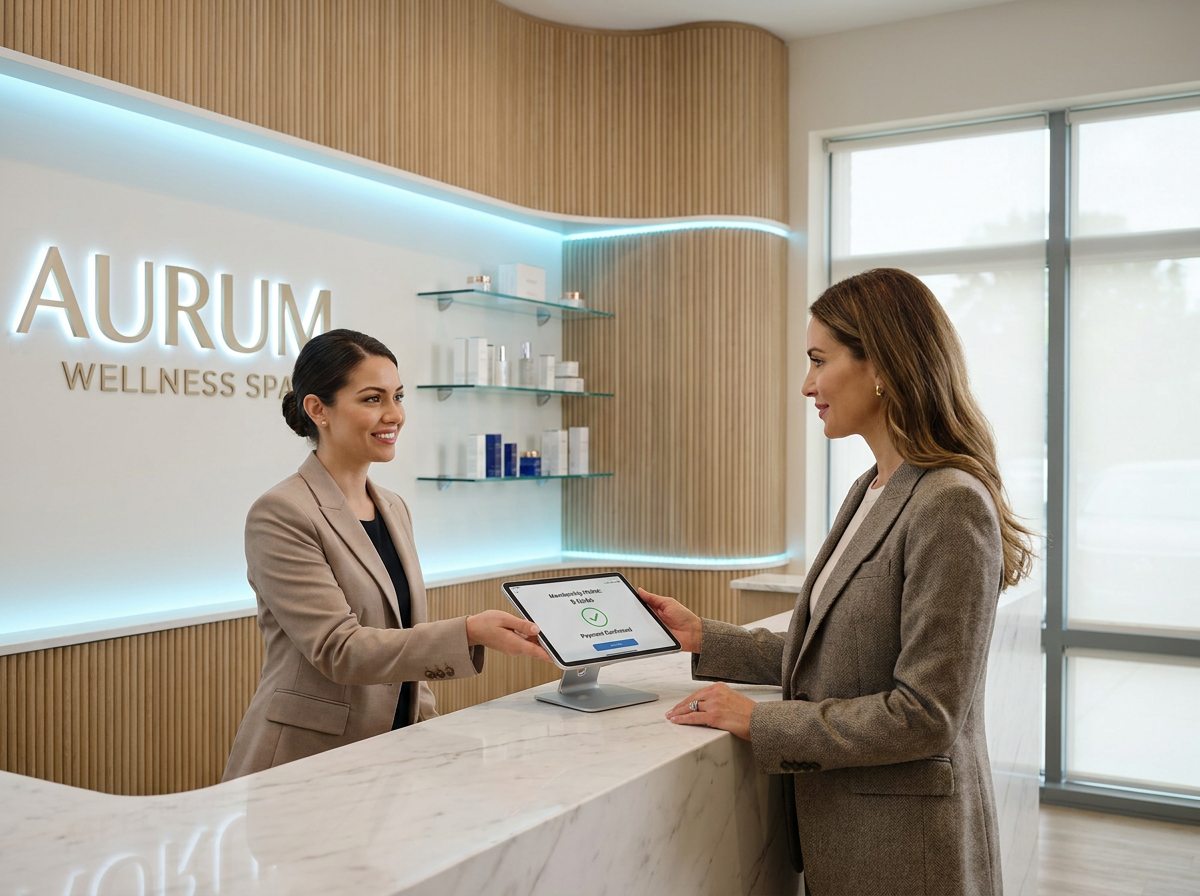 Luxury MedSpa reception checkout counter with iPad POS showing membership wallet balance and client payment