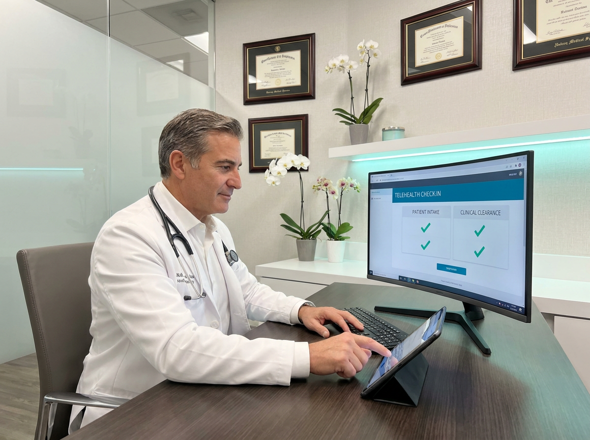 Medical Director physician reviewing Telehealth check-in and clinical clearance on desktop monitor